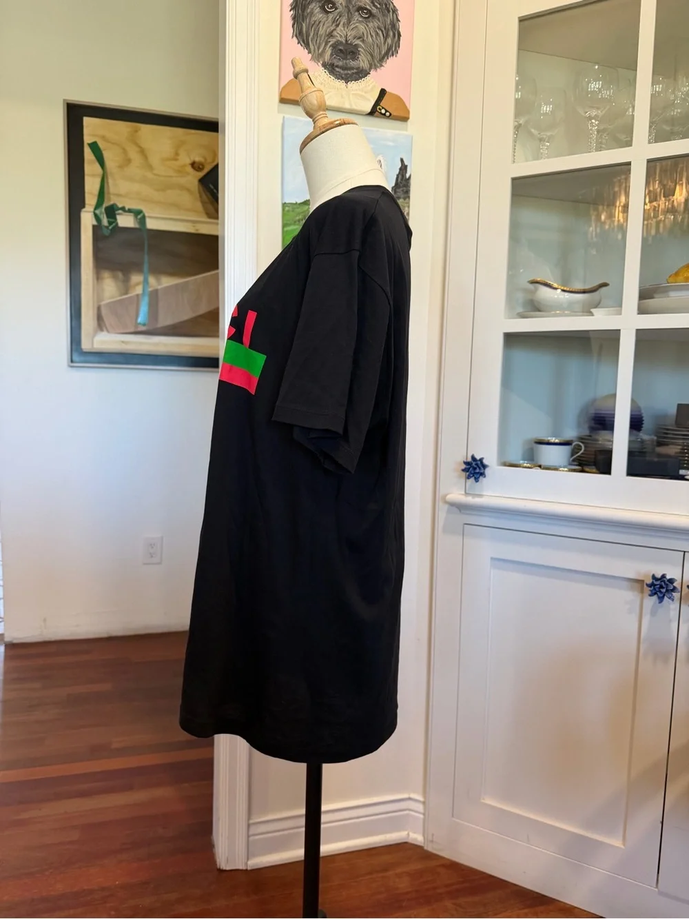 Gucci Black Tee with Cream Cat Patch and Green-Red Logo